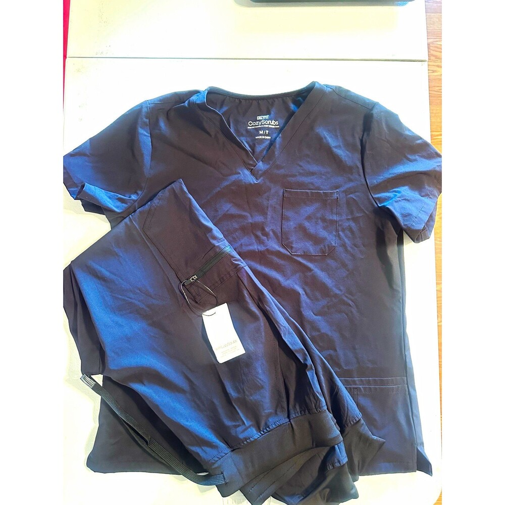 Cozy Scrubs Unisex Medical Scrub Set Top & Pants black M Cotton Blend Knit